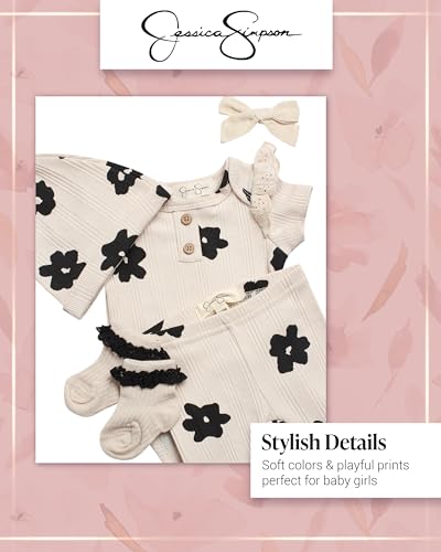 Jessica Simpson Baby Girl Layette Set - 4 Piece Newborn Baby Girl Outfits with Onesie Bodysuit Baby Pants Hat & Socks (0-9M)3