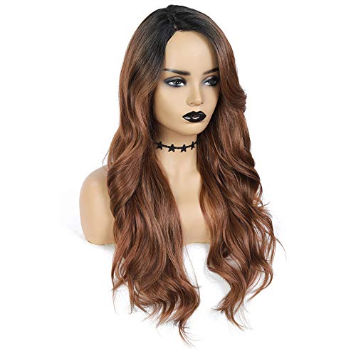 X-TRESS Long Wavy Ombre Medium Brown Wigs 28 Inches Black Roots Color Synthetic Wigs for Women Natural Looking Body Wave Side Part Wig Heat Resistant Full Machine Made Wig (DR30)