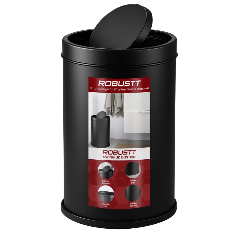 Image of Robustt Swing Lid Dustbin - 60L | Black Stainless Steel Trash Can | 12 Inch (W) x 28 Inch (H) | Swing lid dustbin with removable lid| For Kitchen, Bathroom, Office & Commercial Use - Pack of 1