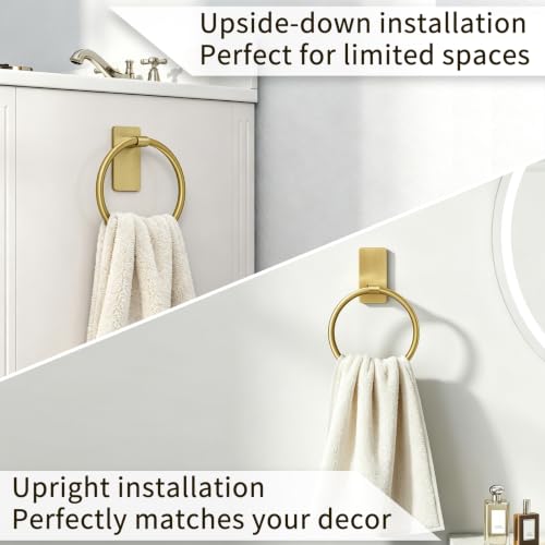 Image of STWWO Gold Towel Ring for Bathroom, Adhesive Hand Towel Holder for Bathroom, Kitchen, No Drill