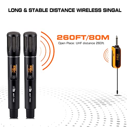 Mffmffm Wireless Microphone, Uhf 260Ft Range Dual Cordless Metal Dynamic Mic System With Rechargeable Receiver, 1/4",1/8" Output, For Amp, Pa System, Karaoke, Singing, Wedding, Party, Church,Dj,Mixer #TOP1