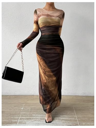 Image of Womens Long Sleeve Maxi Dress Mesh Bodycon Spring Fall Formal Wedding Guest | Tie Dye Ruched Night Out Cocktail Party Long Dresses