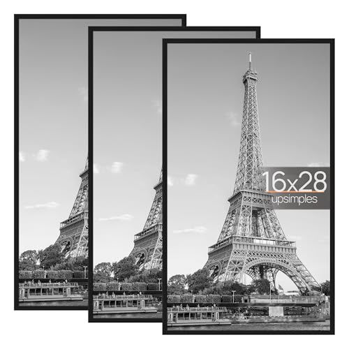 Image of upsimples 16x28 Picture Frame Black 3 Pack, Scratch-Proof Picture Frames 16 x 28 for Photo Gallery - Slide-in Strips, Horizontal or Vertical Wall Mounting