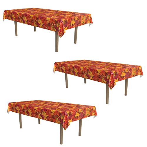 Image of Beistle Fall Leaf Tablecovers, 54 inch x 108 inch, 3 Pieces - Plastic Table Cloth, Rectangular Tablecloth