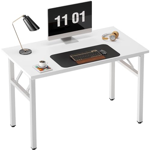 Image of Need 39.4 Inch Folding Desk for Small Spaces, Home Office Computer Desk with White Wood Top & Metal Frame, Foldable Writing Table for Study, Bedroom, Dorm Room & Student