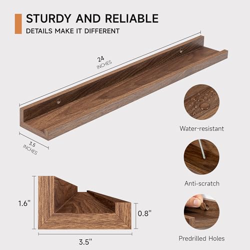 Fun Memories Picture Ledge Shelf, 24 Inch Floating Shelves Set of 2, Nursery Book Shelves for Toys Storage, Kids Bookshelf Wall Mounted for Wall Decor Books Photo Frames, Walnut by Fun Memories - Image 4