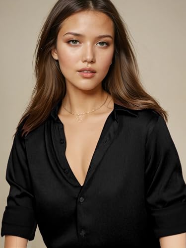Image of Aahwan Women Satin Regular Fit Black Solid Button Up Drop Shoulder Officewear Casual Formal Long Sleeve Shirt