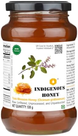 INDIGENOUS HONEY Tulsi Basil Honey Raw Natural Pure Unprocessed NMR Tested Unpasteurized Unheated 530g Glass Jar Pack of 1