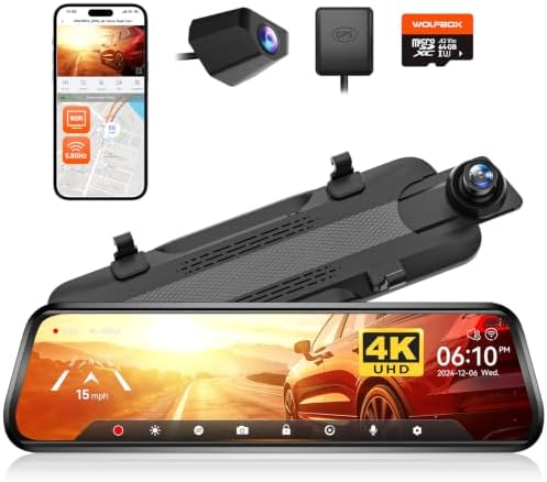 WOLFBOX G930 10'' 4K Rear View Mirror Camera with 64GB Card,5.8GHz WiFi