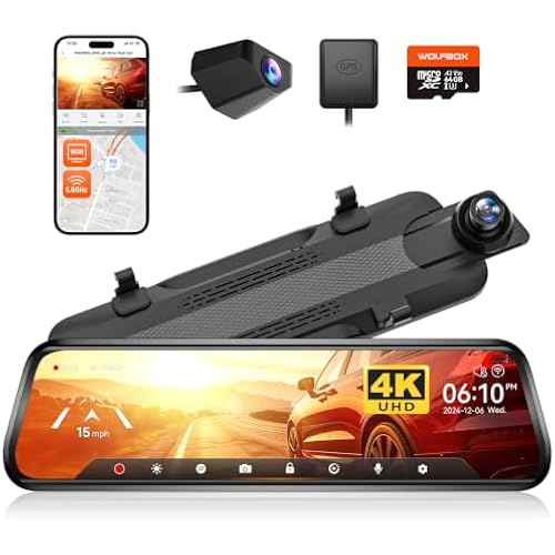 WOLFBOX G930 10'' 4K Rear View Mirror Camera with 64GB Card,5.8GHz WiFi