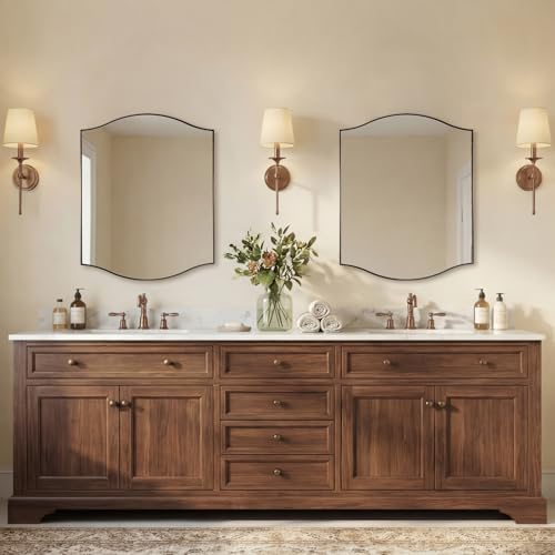 Image of ANDY STAR 24 inchx32 inch Bronze Bathroom Mirror, Rectangle Scalloped Wall Mirror in Stainless Steel Metal Frame, Modern Brushed Bronze Finish with Curved Edge Design, Wall-Mount Mirror for Bathroom, Entryway