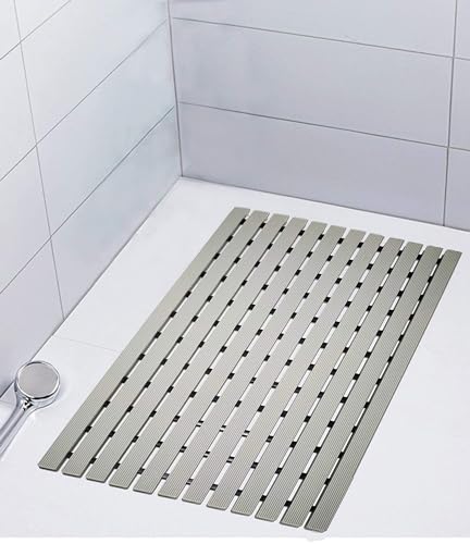 Eurotex Premium Shower Rectangular Anti Slip Mat For Bathroom Floor,Striped Anti Skid,Stand Up Mat For Kitchen,Anti Bacterial(Grey,1.5Ftx2Ft),Also Available In 5 Meter Roll-Polyvinyl Chloride(PVC)