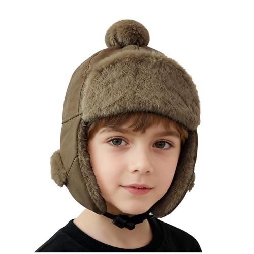 Boys Winter Trapper Hat with Ear Flaps, Sherpa Lined Thick Warm Windproof Hat, Cold Weather Outdoor Fashion Ski Cap Brown