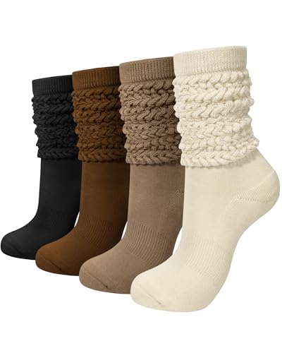 Slouchy Socks for Women 4 Pairs Slouch Long Scrunch Knee High Sock Knit Cotton Boot Tube Socks