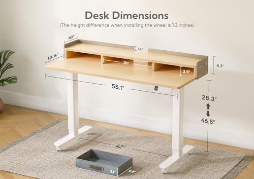 Image of Claiks Standing Desk with Drawers & Wheels, 2 Height Shelf 55 inch Natural