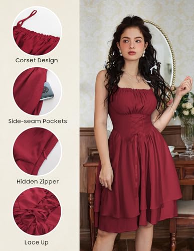 Image of Scarlet Darkness Corset Mini Sundress Chiffon Homecoming Dress for Women | Slim Straps, Ruched Neckline, Lace-Up Front, Layered A-Line, for Graduation Cocktail Party, Fairy Costume with Pockets