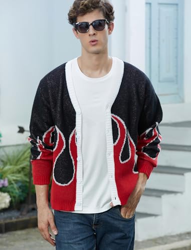 ZAFUL Men's Flame Vintage Cardigan Sweater Color Block Long Sleeve Knitted Sweater Jacket Coat with Buttons3