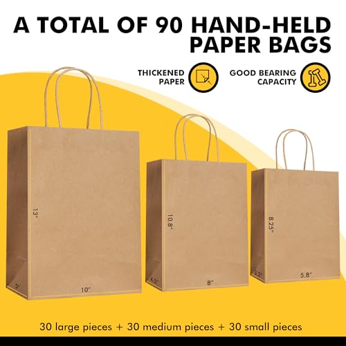 Image of RACETOP Brown Kraft Paper Gift Bags 90 Pack 3 Sizes with Handles Bulk