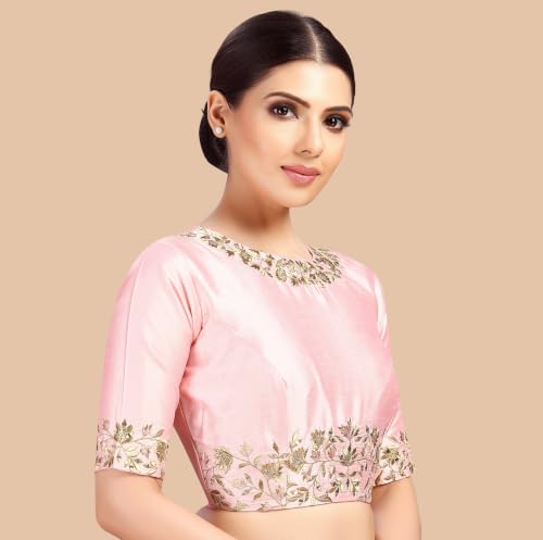 Image of Studio Shringaar Women's Readymade Art Silk Embroidered Saree Blouse with Elbow Length Sleeves