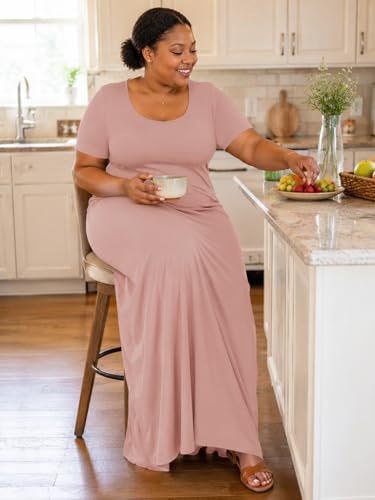 Image of SUZONANA Plus Size Maxi Dress for Curvy Women Summer Casual Sundress Short Sleeve Loose Vacation Dress