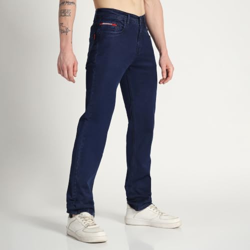 Image of Cotton Comfort Fit Jeans for Men | Full-Length Solid Denim Pants with Button Closure, Embroidered Design, Mid-Rise Casual Trousers for Daily | Classic Jeans for Office Bottoms (DI-249)