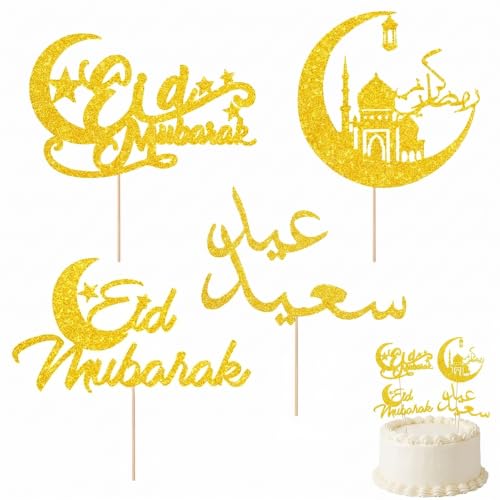 SUPVOX Cartes D'insertion pour Gâteau 4 Pièces Assorties Décorations Eid Mubarak en Papier Scintillant pour Gâteau de Fête Ramadan et Aïd Décoratifs...