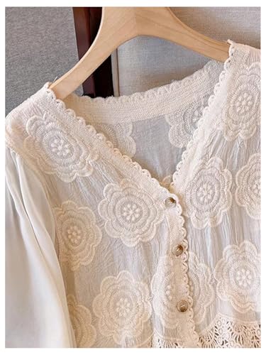 MakeMeChic Women's Button Down Shirt Floral Hollow Out Sheer Mesh Top Blouse3