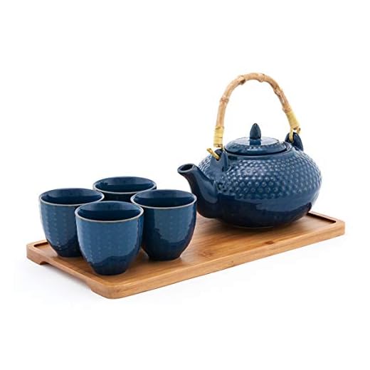 Happy Sales HSTS-CARBLU4, Tea Set with 26 oz Teapot, Four Cups and Bamboo Tray, Blue
