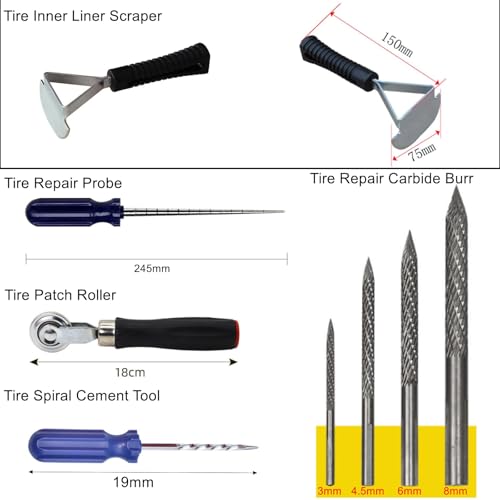 Image of Tire Repair Set with Toolbox, Low Speed 2200rpm Air Tire Grinder and 3 /8 inch Pneumatic Reversible Air Drill, 11 Pcs Tire Patch Tools include Buffing Wheel, Tire Reamer Drill Bit, Manual Tool Set