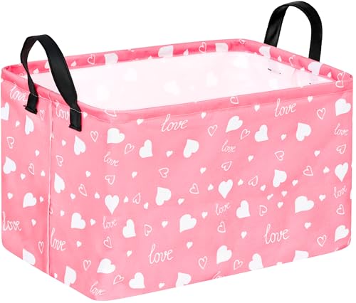 Image of Kid Storage Basket Gift Shelf Basket Toy Storage Bin, Nursery Basket Organizer Box for With Handles for Room Deco Heart Pattern Valentine's Storage Basket