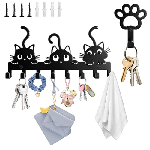 2pcs Schlüsselbrett aus Metall, Schlüsselhalter für die Wand, Katzen Schlüsselhaken Organizer Aufhänger Pfote Drucke Schwarz Schlüsselhalter mit 8 Haken für Tür Flur, Wohnung, Wohnzimmer & Küche