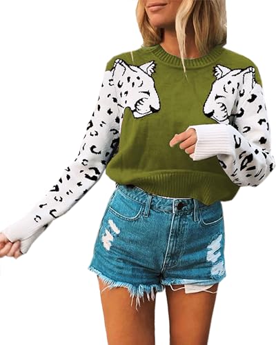 Mansy Women'S Casual Long Sleeve Crew Neck Cute Animal Leopard Print Knitted Pullover Sweater Tops Green cover