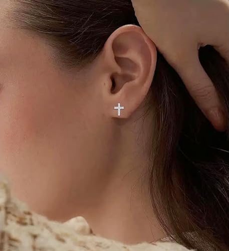 Tiny Cross Stud Earrings, 14K Gold Plated CZ Silver Earrings, Hypoallergenic Minimalist Small Stud Earrings for Women Men3