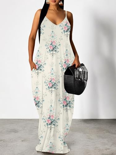 Image of Women Spaghetti Strap Maxi Dress with Pockets | Soft fabric relaxed fit sleeveless v neck with pockets for party and daily wear