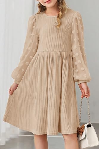 Girls Fall Lantern Sleeve Swiss Dot Crew Neck A-line Casual Swing Knit Dress with Pockets for 6-12 Years3