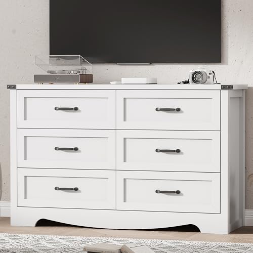 Image of Dresser for Bedroom with 6 Drawers, 54 inch Wide Wood Chest of Drawers with Deep Drawers & Mental Handle, Modern Dresser TV Stand, Wooden Closet Storage Organizer for Living Room, Hallway, Entryway, White