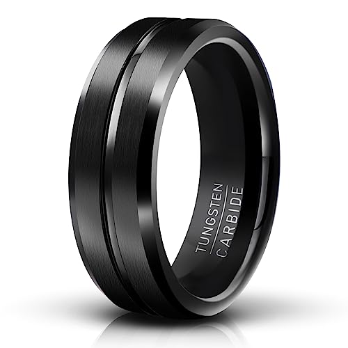 Netsky Tungsten rings for men,8mm Black Tungsten Carbide Wedding Promise Engagement Band Ring for Men, Grooved Center Polished Edge Comfort Fit Size 8