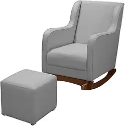 Cadeira Poltrona Amamentação e Balanço Áquila Plus- Linho Cinza C/ Puff