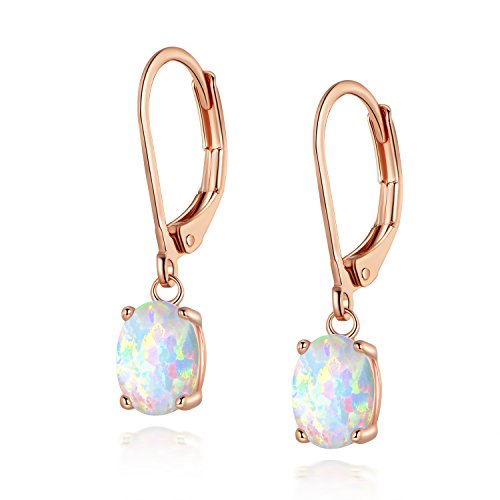 Leveback Dangle Earrings Rose Gold Plated Nickel Free Hypoallergenic with Created White Oval Opal 6x8mm for Teen Girls Women