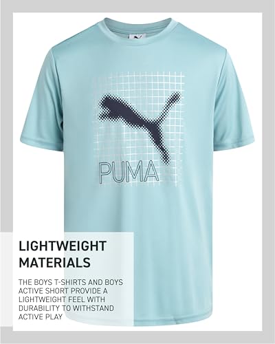 Image of PUMA Boys Active Short Set - 3 Piece Short Sleeve Logo Graphic Tee and Poly Interlock Mesh Shorts for Boys (Sizes: 4-16)