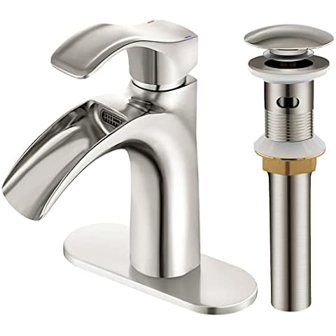 Yodel Faucet Brushed Nickel Bathroom Vanity Sink Faucet Waterfall Spout Single Handle for 1-Hole and 3-Holes Installations with Pop up Drain Cover