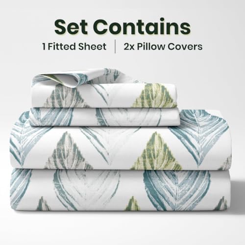 Image of LORETO - A QUALITY LINEN BRAND 186 TC 100% Pure Cotton Double /Queen Fitted Bedsheet with 2 Pillow Covers for 78 x 60 Inch Mattress, All-Around Elastic, 8 Inch Deep Pocket, Teal Blue & Green