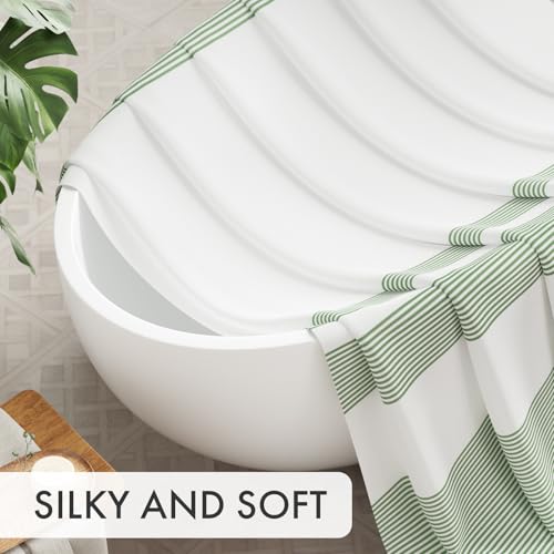 Image of AmazerBath Shower Curtain, Washable Cloth Sage Green with 12 Shower Curtain Hooks, Fabric Green and White Striped Set, Farmhouse Bathroom Shower Curtain, 72x72 Inches
