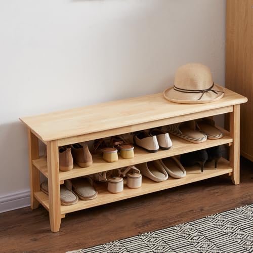 Image of XKZG Storage Bench Wooden Shoe Rack Bench Simple Style Wood Entryway Bench (Natural,39.4 inch)