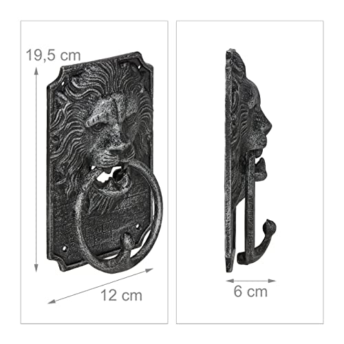 Relaxdays Türklopfer Löwe, aus Gusseisen, Löwenkopf Klopfer für Türen, HxBxT: 19,5 x 12 x 6 cm, Vintage Design, silber