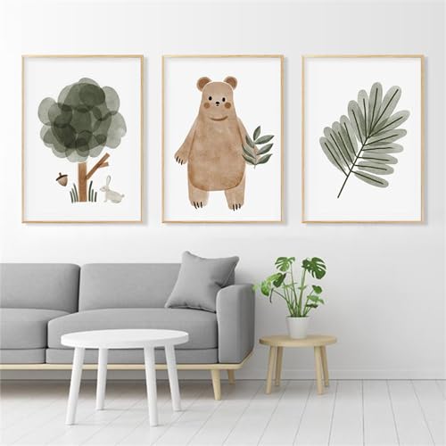 Lienzos Impresos de Osos y Hojas Verdes para Habitación Infantil de Bebés Conjunto de 3 Láminas