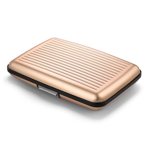 ÖGON -DESIGNS- Aluminum card holder with metal lock, RFID protection against fraud and demagnetization, compact wallet, Smart Case STOCKHOLM model (Aluminum Rose Gold)