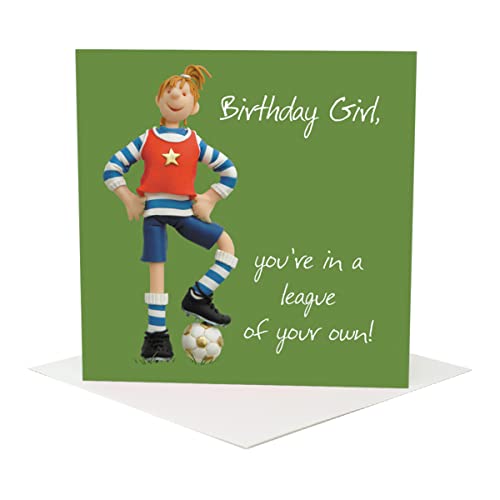 Female footballer birthday card by Erica Sturla, 15cm square, great soccer card for mum, sister, daughter, aunt, niece, cousin, friend etc. Blank inside