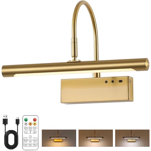Image of Wireless LED Picture Light, Coredless Art Lighting for Wall, Brass Battery Frame Light with Remote, 3 Color Tone & Dimmable,12 inch Wall Decor Light for Art Display,Hallway,Study Room