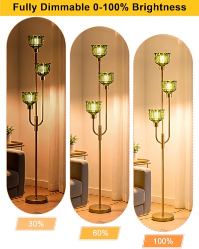 Image of Lightdot 3-Lights Modern Glass Floor Lamp 66IN Gold Dimmable Floor Lamps with 3000K Warm White Bulbs for Wedding Party Tall Standing Lamp with Green Glass Shade for Living Room /Bedroom /Home Decor